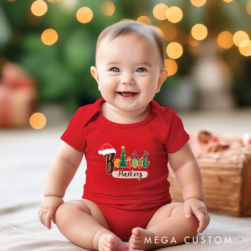 Personalized Baby Onesie and Festive Baby Bodysuit with Christmas Tree and Reindeer Design for a Joyful Holiday Season