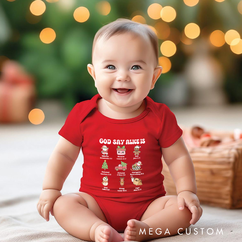 Personalized Baby Onesie and Inspirational Baby Bodysuit with Cute Character and Scripture Design for a Faith Filled Touch