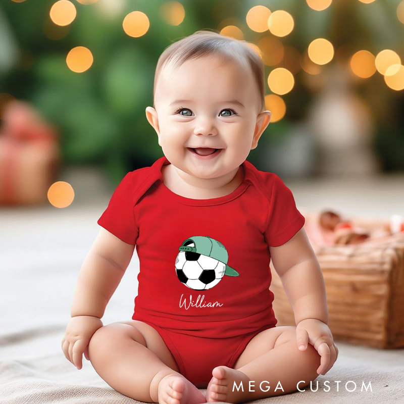 Personalized Soccer Baby Onesie with Baseball Cap and Ball Graphic, made from Soft Cotton Fabric with Editable Name