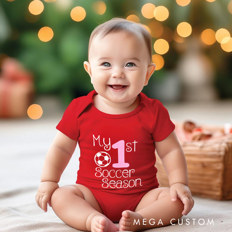 Personalized Baby Onesie with Soccer Ball and Number Motif Design Symbolizing Growth and Special First Milestones