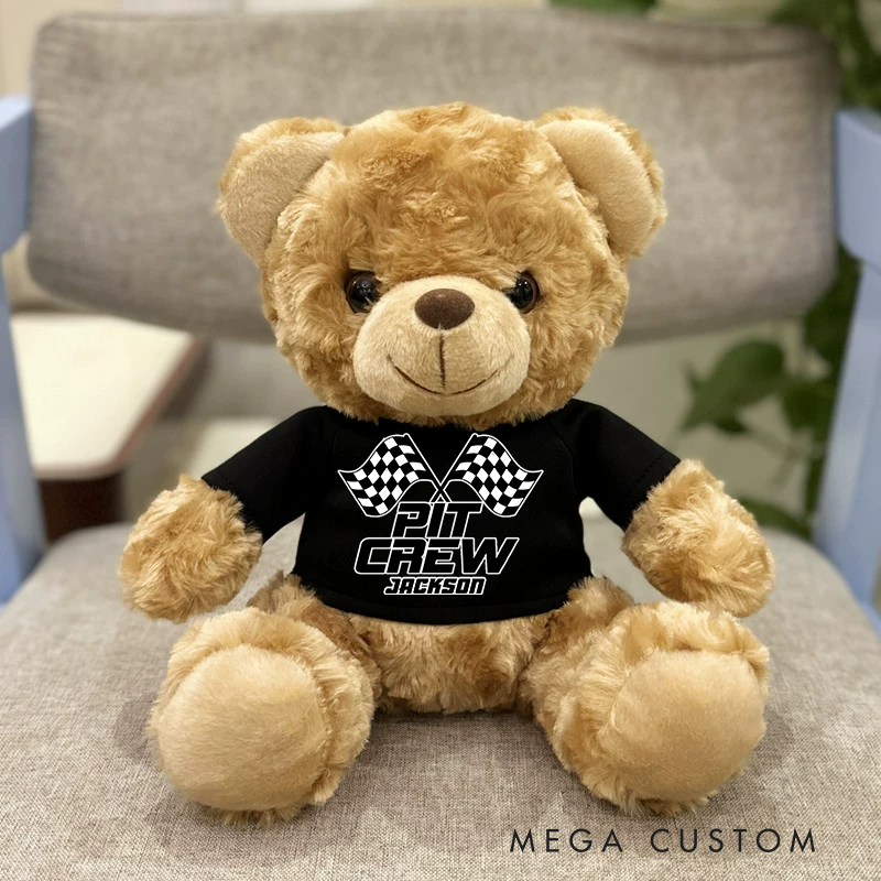 Personalized Pit Crew Brown Bear Plush Toy Custom Racing Vehicle Lover Gift