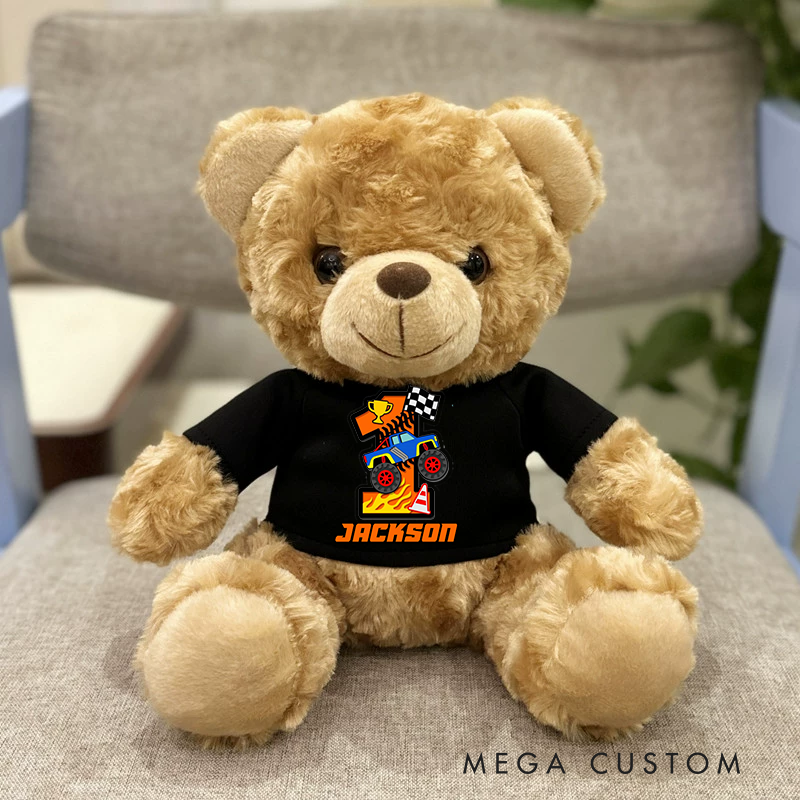 Personalized Monster Truck Brown Bear Plush Toy Custom Name Birthday Gift