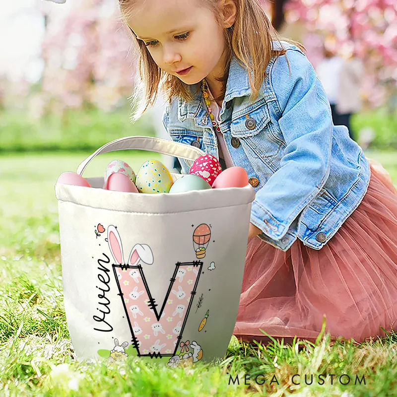 Personalized Bunny Ears Initial Hot Air Balloon Canvas Easter Basket with Name Eggs Hunting Party Easter Gift for Kids