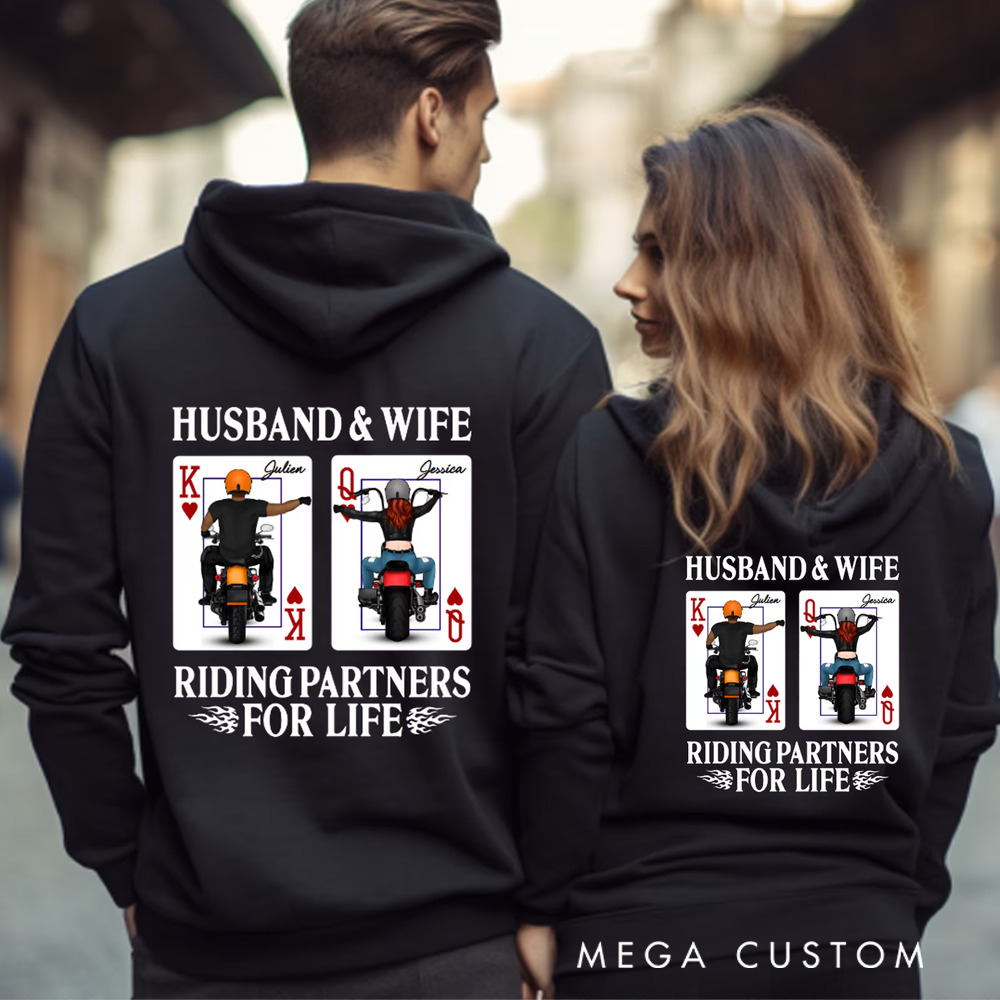 Personalized Husband & Wife Hoodies Riding Partners for Life Gift for Biker