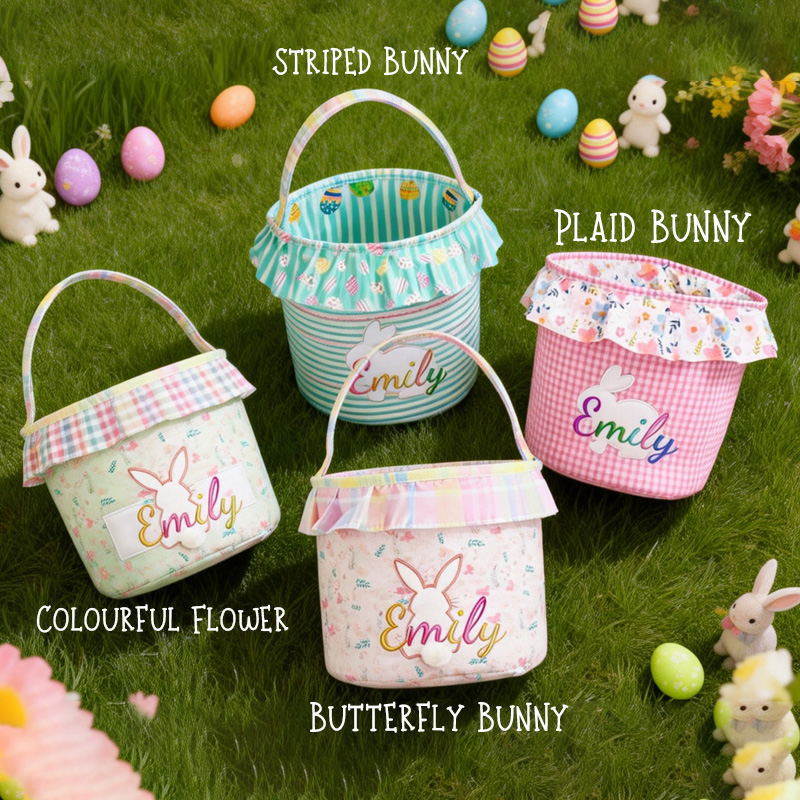 Personalized Unique Custom Name Adorable Rabbit Surrounded by Flowers Kids Holiday Treat Holder Easter Basket
