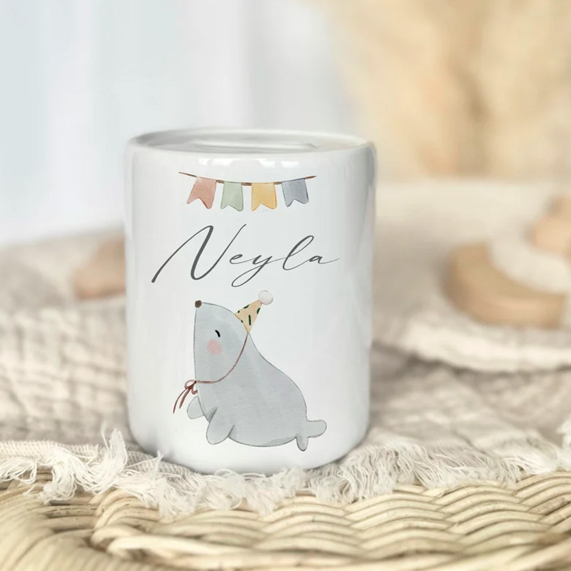 Personalized Woodland Animal Theme Name Ceramic Money Box Cute Nursery Gift Baby Keepsake Piggy Bank