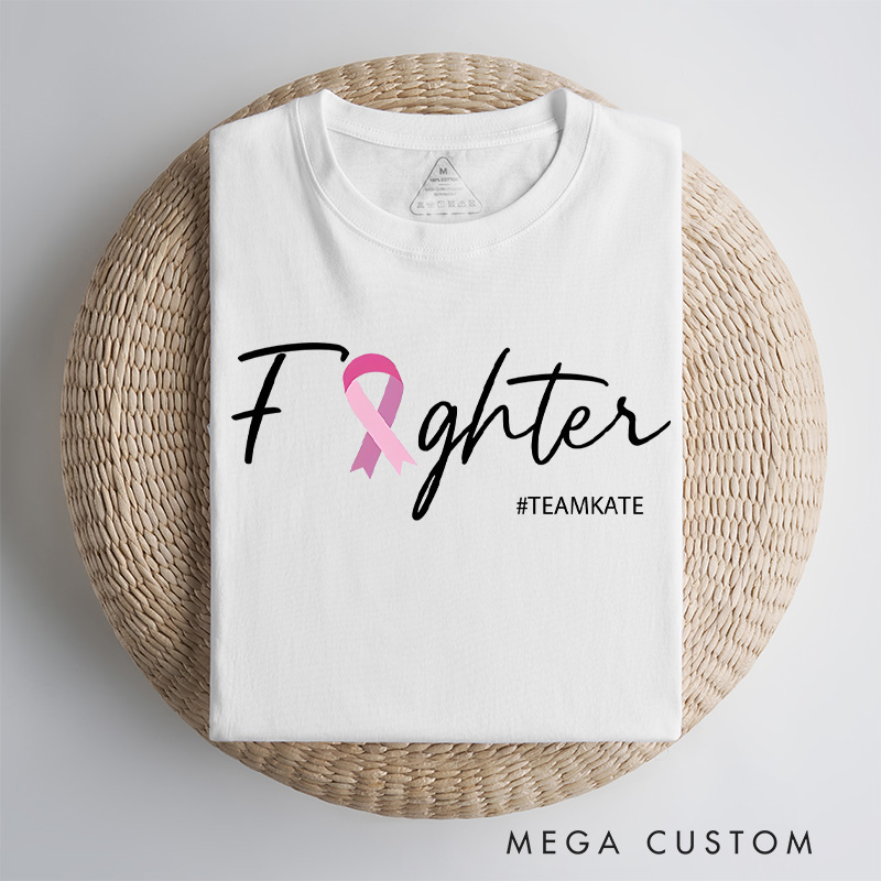 Personalized Her Fight Is Our Fight T-shirt featuring pink and gray ribbon design to support breast cancer warriors and survivors.
