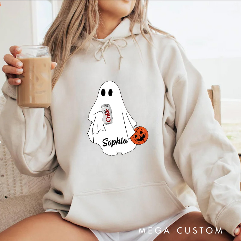Personalized Cute Ghost Holding Soda and Pumpkin Fun Halloween Inspired Hoodies