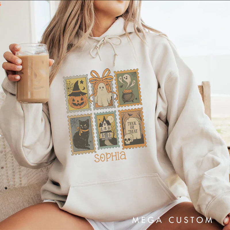 Personalized Vintage Halloween Postage Stamps with Spooky Icons Hoodies