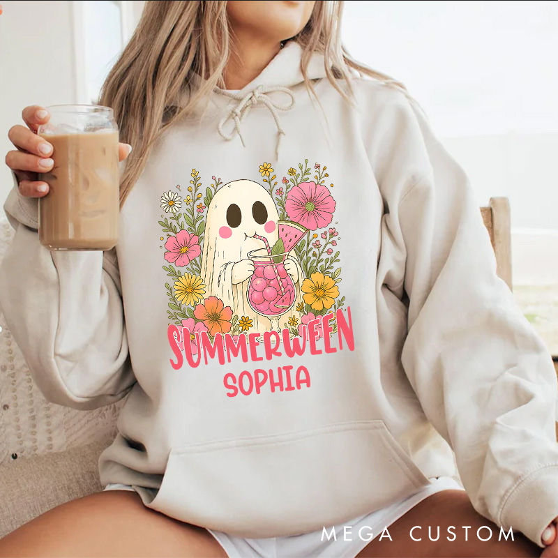 Personalized Summerween Ghost with Colorful Flowers and Happy Vibes Hoodies