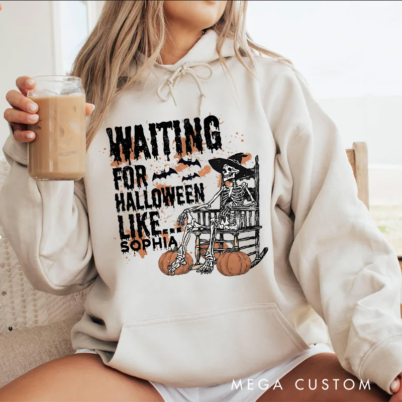Personalized Waiting for Halloween Skeleton in Witch Hat with Pumpkins and Bats Fun Spooky Hoodies