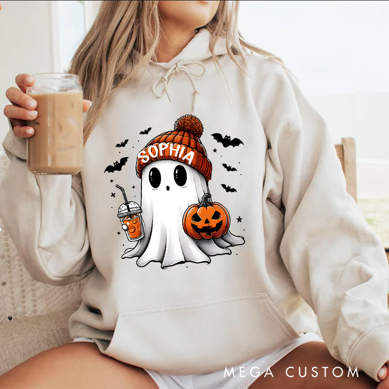 Personalized Adorable Ghost with Pumpkin and Coffee Autumn Halloween Aesthetic Hoodies