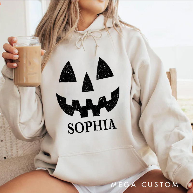Personalized Classic Pumpkin Face Distressed Halloween Fun Casual Style Hoodies