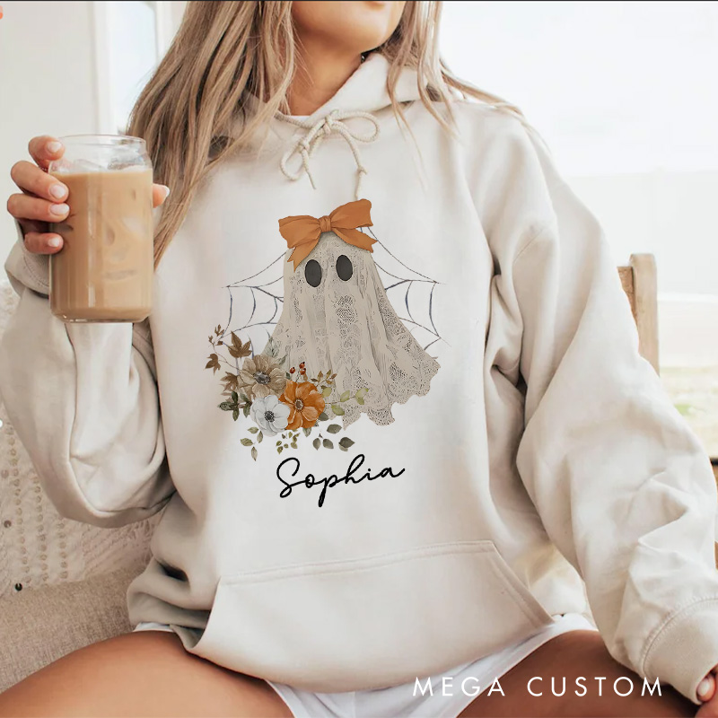 Personalized Elegant Ghost with Bow and Floral Accents Halloween Hoodies