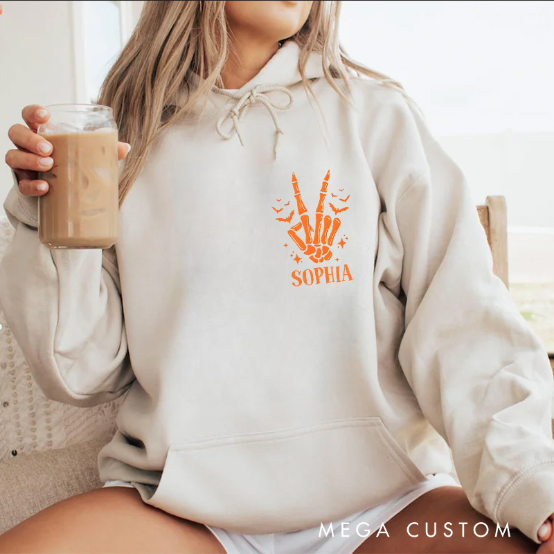 Personalized Skeleton Hands with Pumpkin and Moon Halloween Night Vibes Hoodies