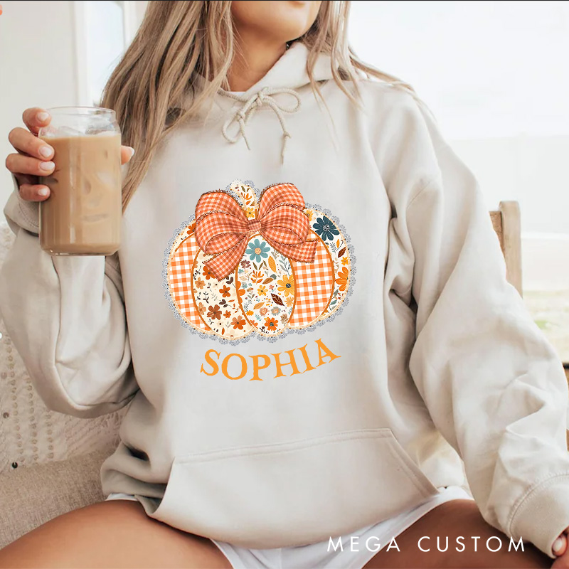 Personalized Gingham Pumpkin with Bow and Floral Accents Autumn Harvest Hoodies