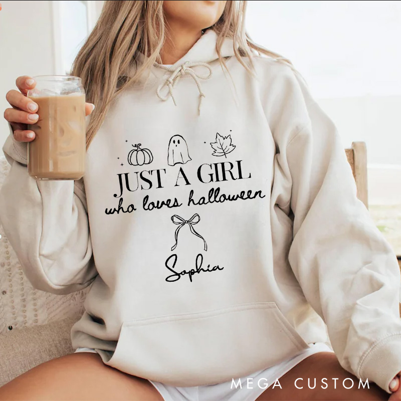 Personalized Just a Girl Who Loves Halloween Cute and Playful Ghostly Fun Hoodies