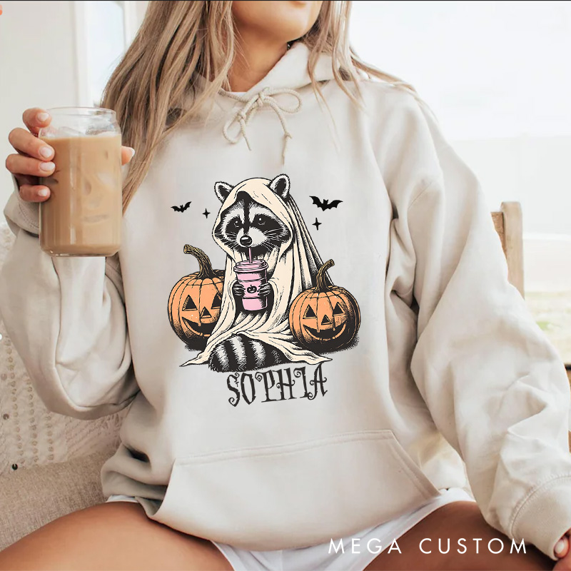 Personalized Raccoon with Pumpkins and Bats Adorable Halloween Forest Vibes Hoodies