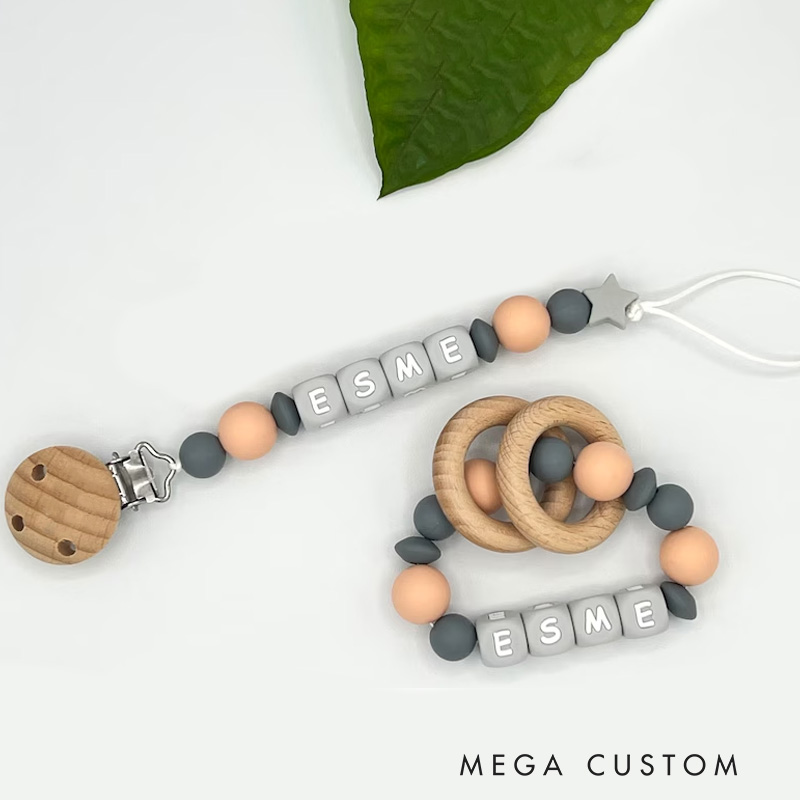 Personalized Baby Name Bead Soother Holders Pacifiers and Clips New Baby Gift