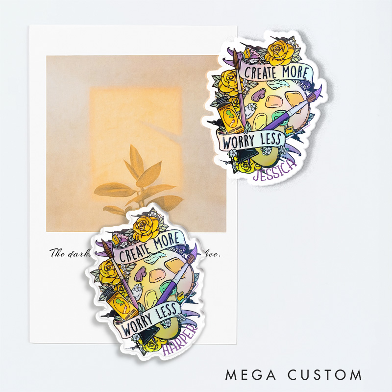 Personalized Create More Worry Less Artist Fridge Magnets Painting Motivational Magnets Art Lover Illustration Fridge Decal