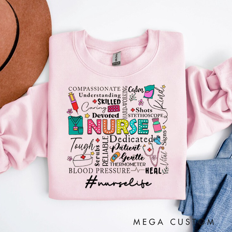Personalized Nurse Sweatshirt Nursing Related Words and Illustrations Appreciation Gift for Nurse