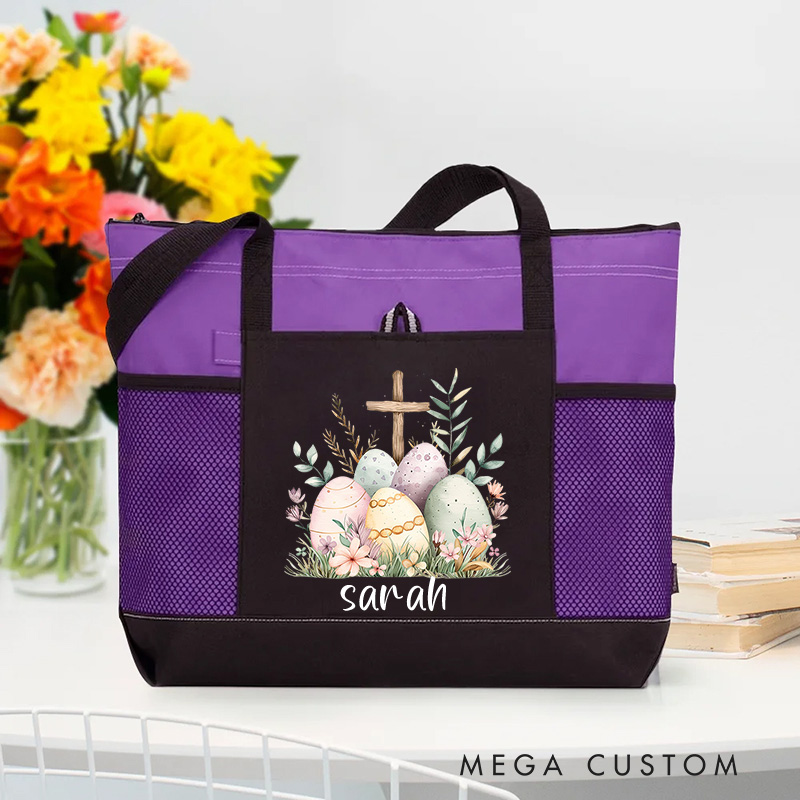 Personalized Easter Eggs Floral Cross Zipper Tote Bag with Name and Mesh Pocket Prayer Day Easter Storage Holiday Gift for Women Christian