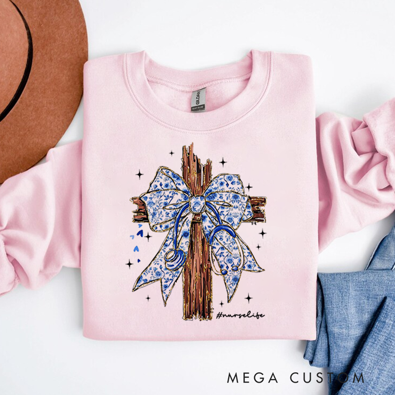 Personalized Nurse Sweatshirt Wooden Cross Adorned with a Blue Ribbon Tied Appreciation Gift for Nurse