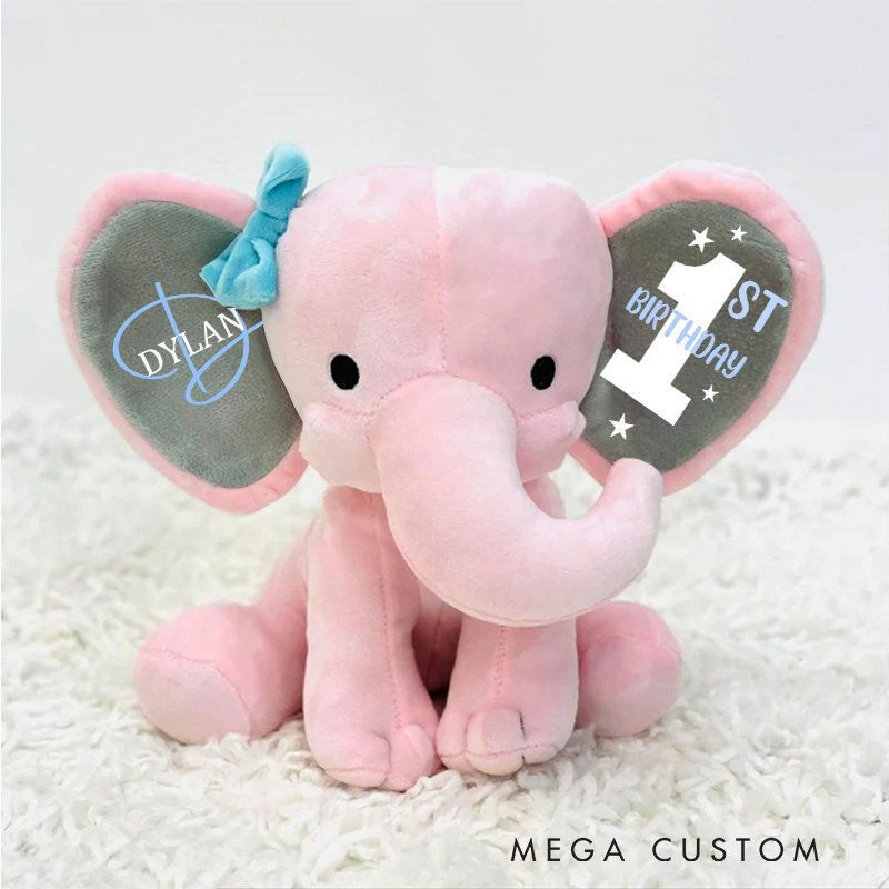 Personalized First Birthday Illustration with Star Accents for a Special Milestone Celebration Baby Elephant Plush Toys