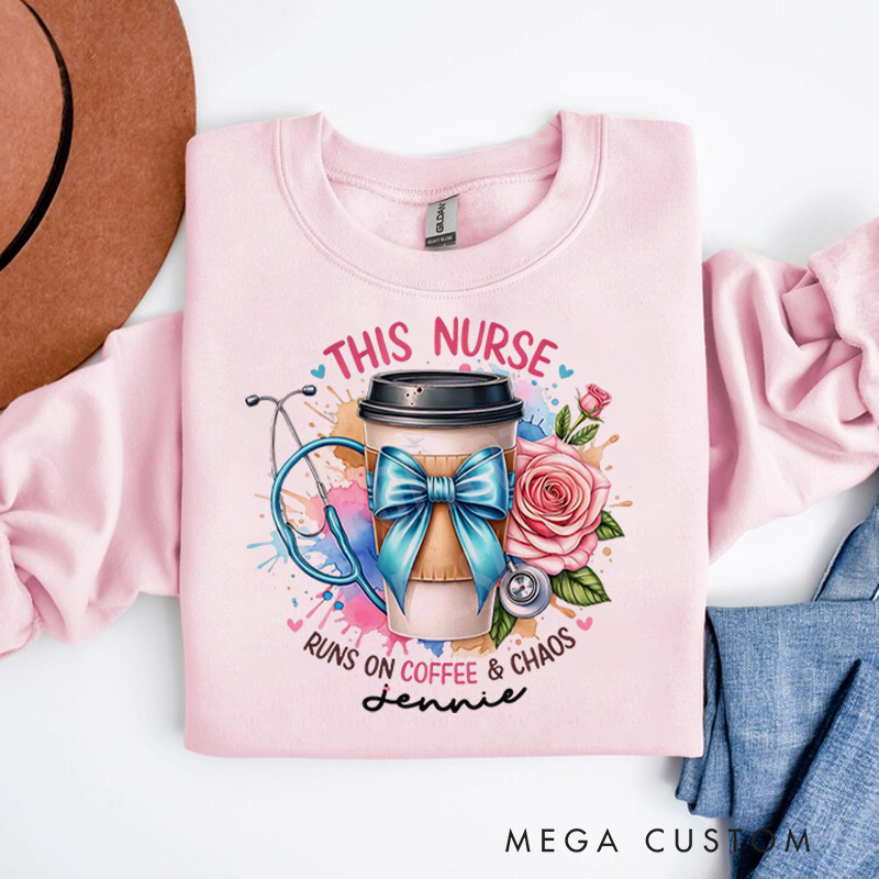 Personalized Nurse Sweatshirt This Nurse Runs on Coffee Chaos Appreciation Gift for Nurse