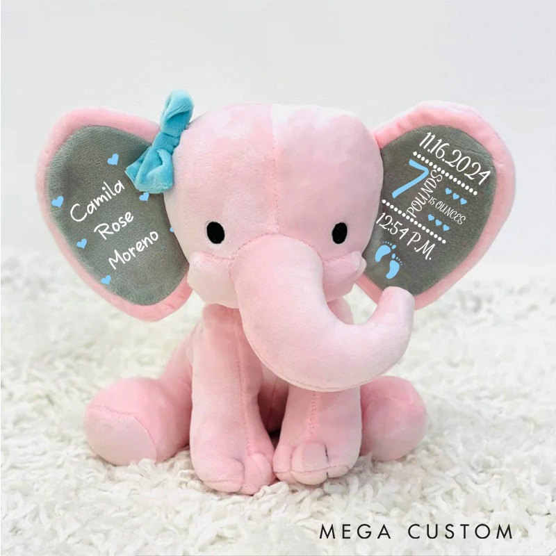 Personalized Birth Details Illustration with Date Time Weight Height and Footprint Accents for a Meaningful Keepsake Baby Elephant Plush Toys