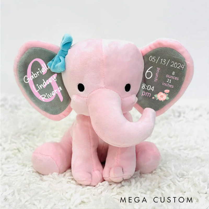 Personalized Birth Announcement Illustration with Date Time Weight Height and Baby Footprint Accents for a Cherished Keepsake Baby Elephant Plush Toys