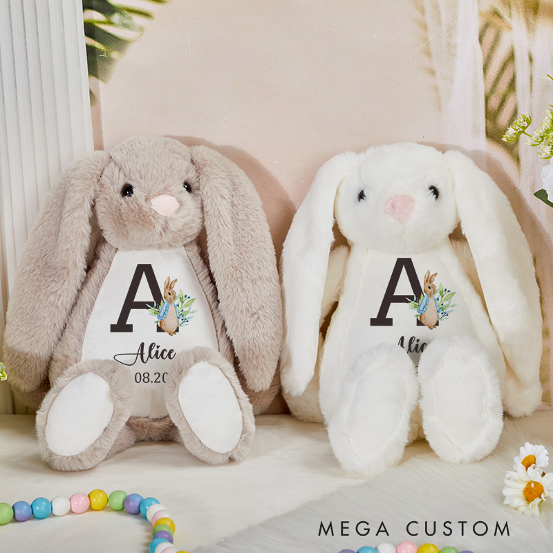 Personalized Initial and Name Illustration Featuring Date and Floral Details for a Charming Nursery Accent Baby Rabbit Plush Toys