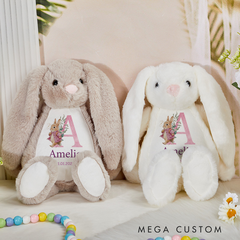 Personalized Initial and Name Illustration with Pastel Floral Accents for a Delightful and Sophisticated Keepsake Baby Rabbit Plush Toys