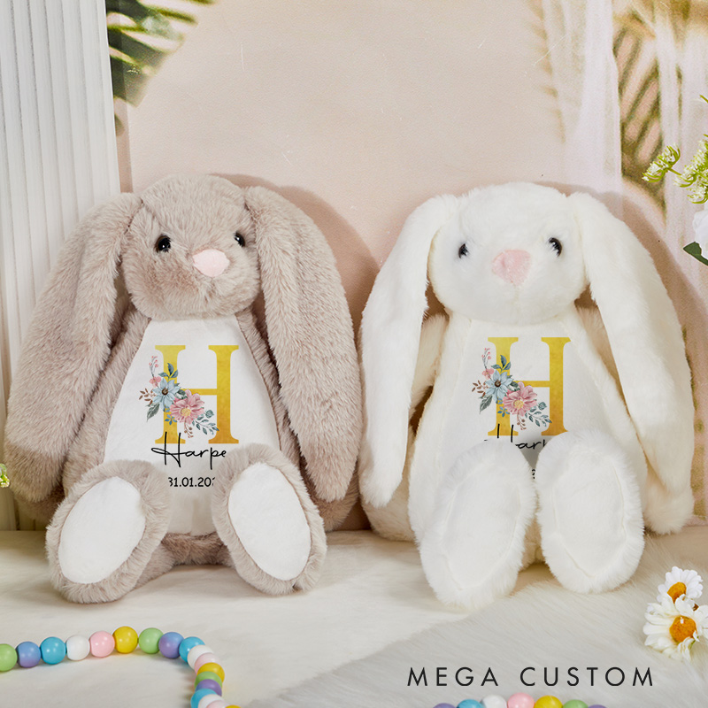 Personalized Initial and Name Illustration Featuring Date and Floral Accents for a Beautiful Nursery Decoration Baby Rabbit Plush Toys