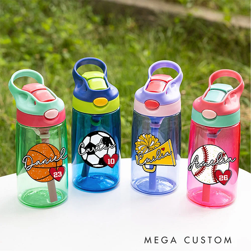 Personalized Kids' Sports Water Bottles with Custom Name and Fun Athletic Designs