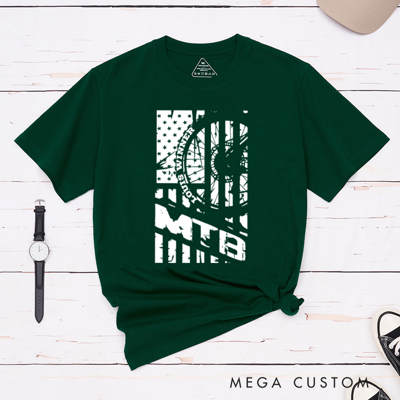 Personalized MTB Flag T-Shirt with a Bold Mountain Bike Wheel and American Flag for Outdoor Adventures Riding Cycling Biking Enthusiasts