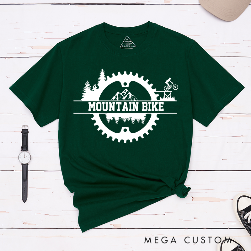 Personalized Mountain Bike Adventure T-Shirt with Forests Cyclist Silhouette for Outdoor Adventures Riding Cycling Biking Enthusiasts