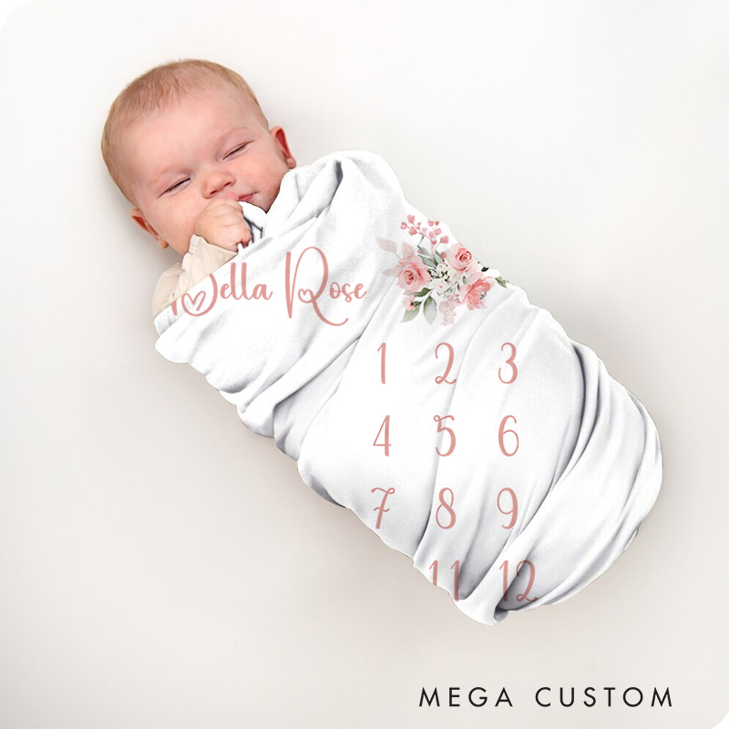 Personalized Floral Wreath Milestone Baby Blanket Combining A Floral Wreath And Growth Tracker Baby Blanket
