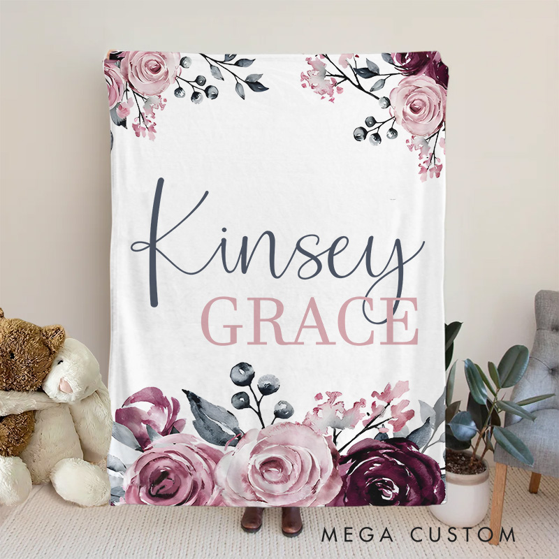 Personalized Elegant Name with Burgundy and Pink Roses Sophisticated Floral Keepsake Baby Blanket