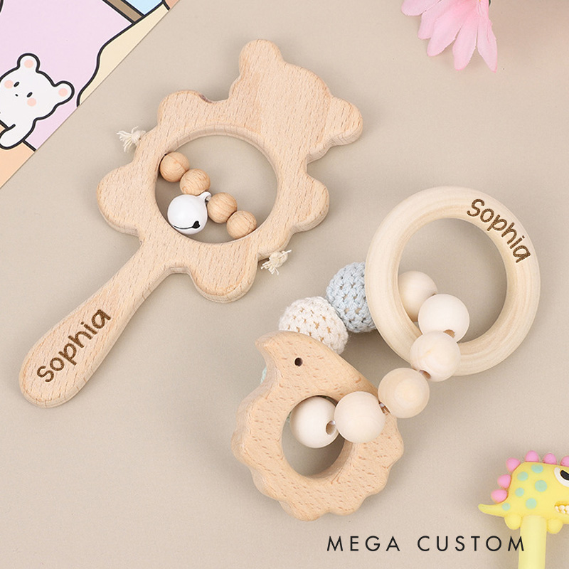 Personalized Engraved Wooden Baby Rattle with Name Animal Rattle With Bells Baby Grasping Toy Baby Shower Gift Newborn Gift