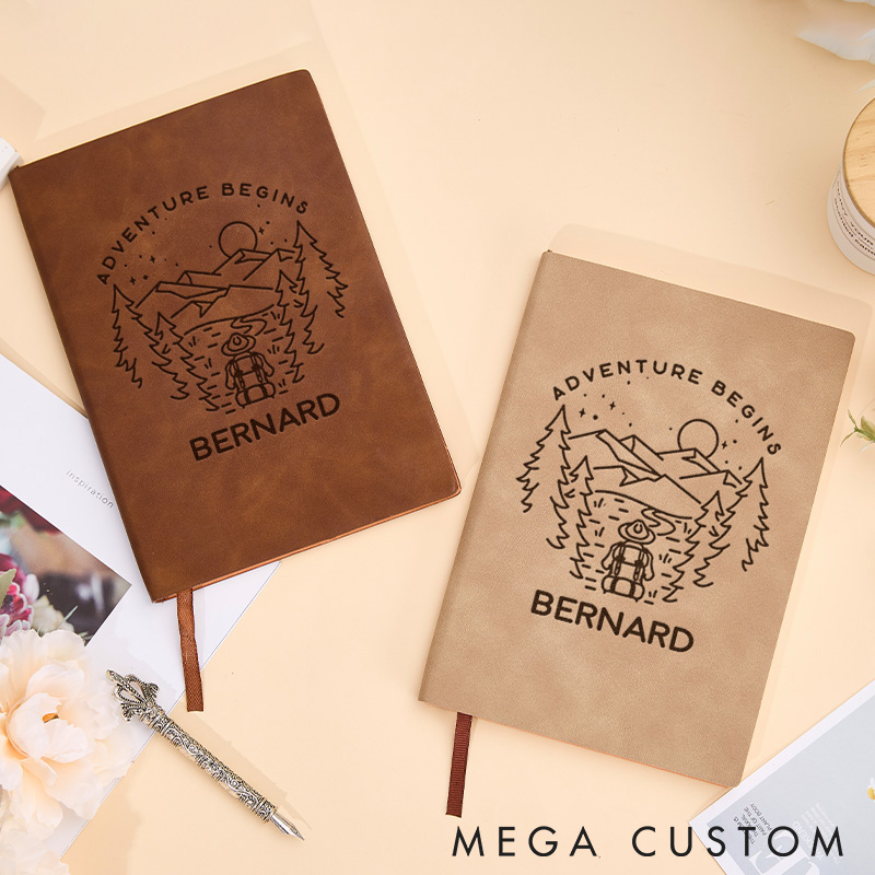 Personalized Adventure Begins Leather Notebook Outdoor Traveling Hiking Journal Gift for Nature
