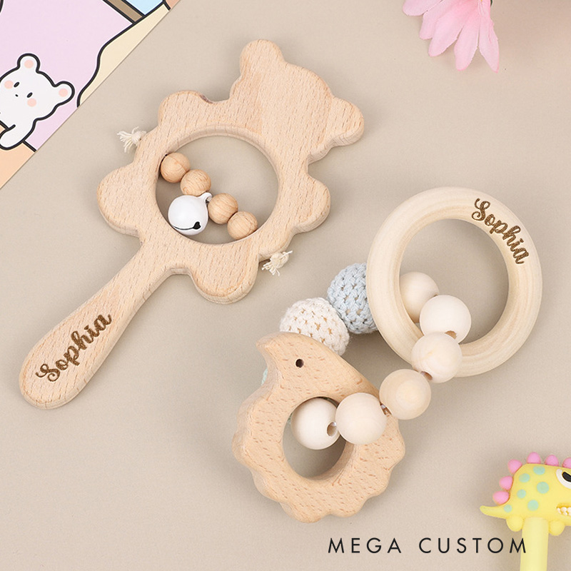 Personalized Baby Rattle for Baby Engraved Rattle with Name Wooden Rattle Ring for Newborn Gift Baby Shower Gift