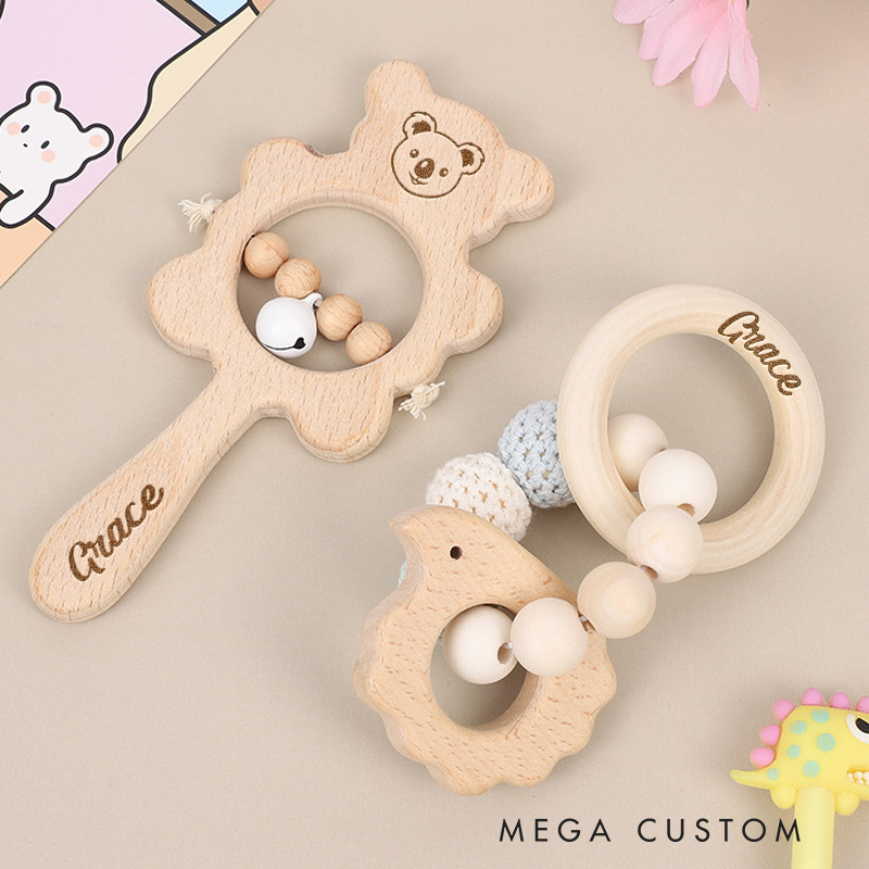 Personalized Engraved Wooden Baby Rattle with Name Animal Rattle With Bells Baby Grasping Toy Baby Shower Gift
