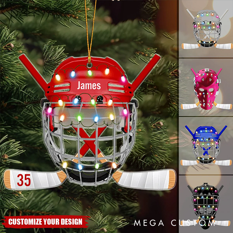 Personalized Hockey Helmet Ornament with Custom Name and Number Design