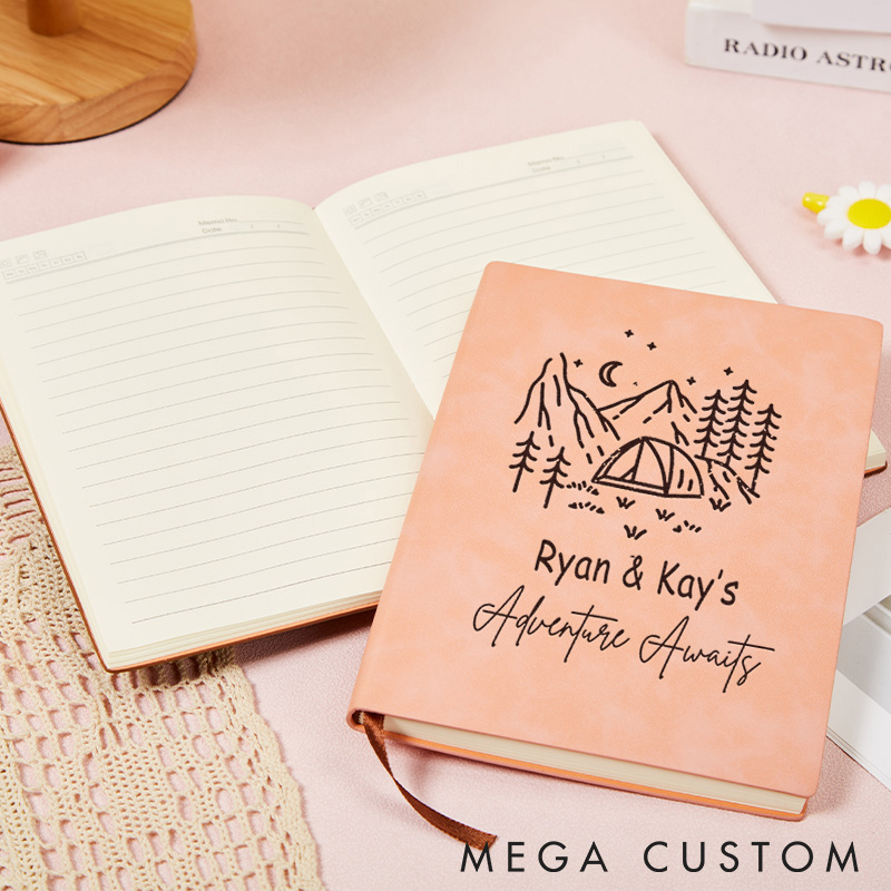 Personalized Adventure Awaits Journal Couple Camping Traveling Hiking Leather Notebook Gift Outdoor Lovers 