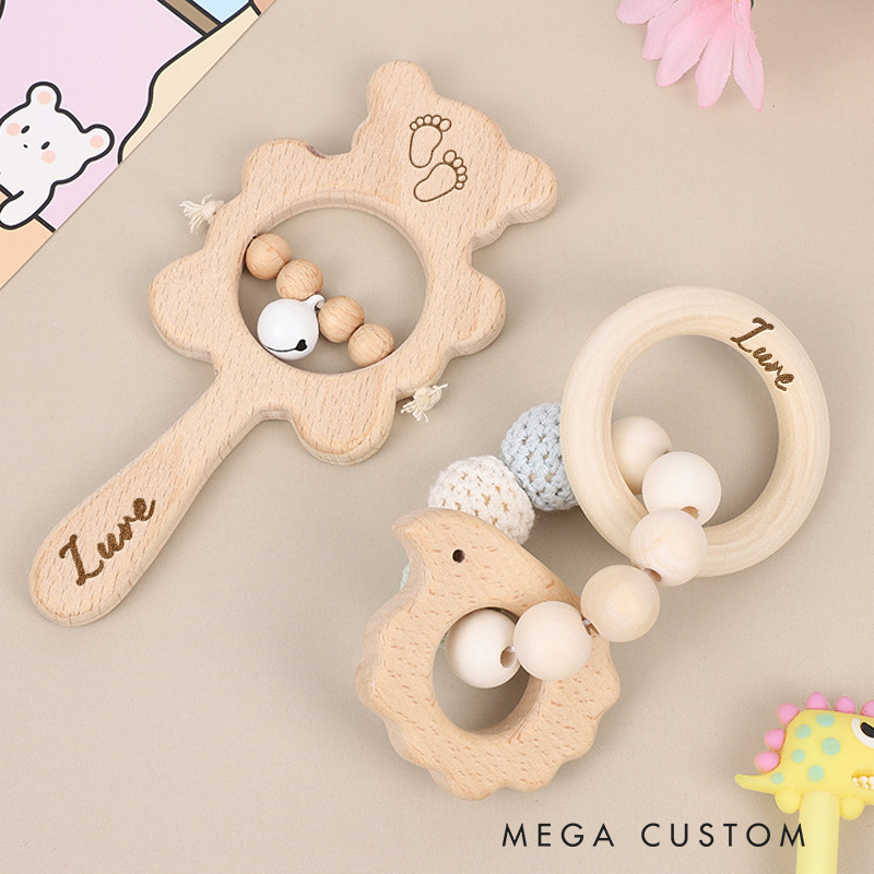 Personalized Baby Rattle for Baby Engraved Rattle with Name Wooden Rattle Ring for Newborn Gifts Baby Shower Gift