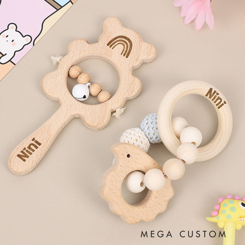 Personalized Engraved Wooden Baby Rattle with Name Animal Rattle With Bells Baby Grasping Toy Baby Shower Gifts