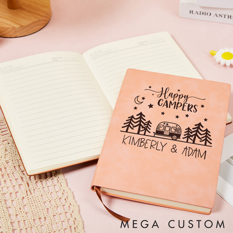 Personalized Happy Campers Journal Outdoor Adventures Camping Hiking Leather Notebook Gift Traveling Lovers 