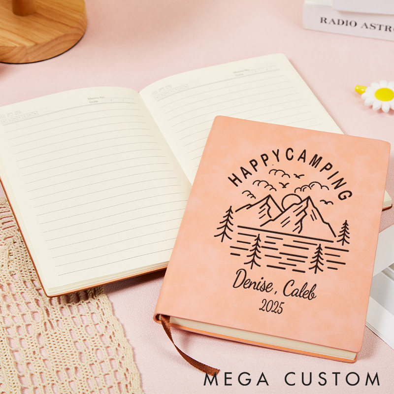 Personalized Happy Camping Leather Notebook Adventure Couple Notebook Camping Traveling Hiking Journal Gift for Outdoor