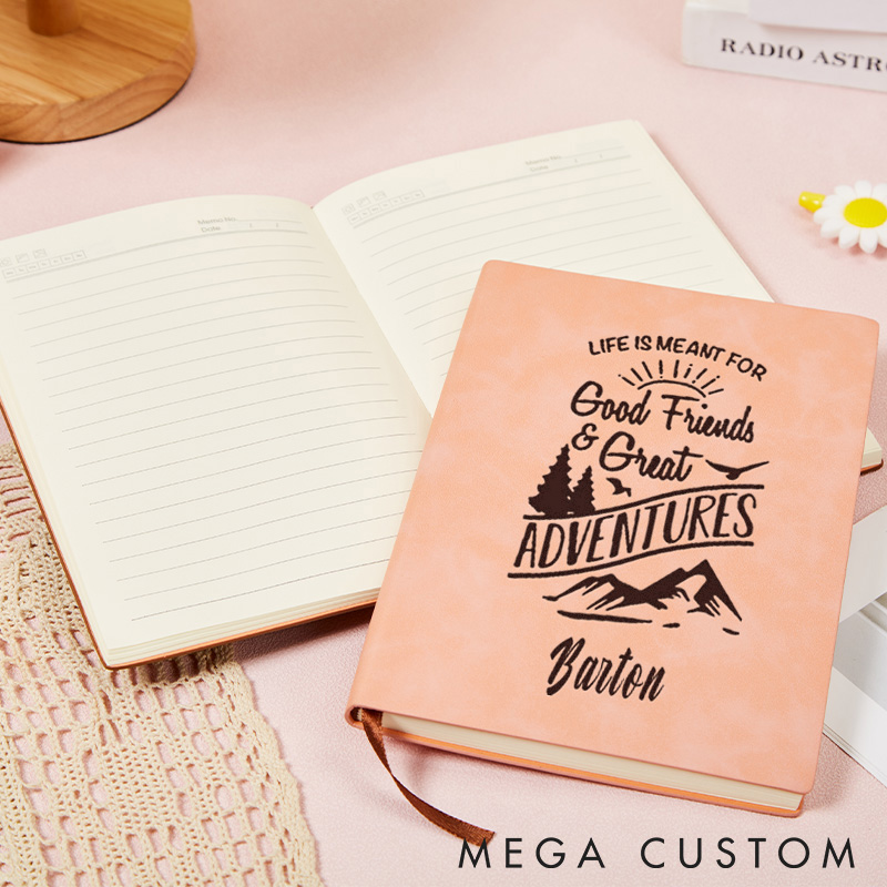 Personalized Good Friends & Great Adventures Leather Notebook Camping Traveling Hiking Journal Gift for Outdoor